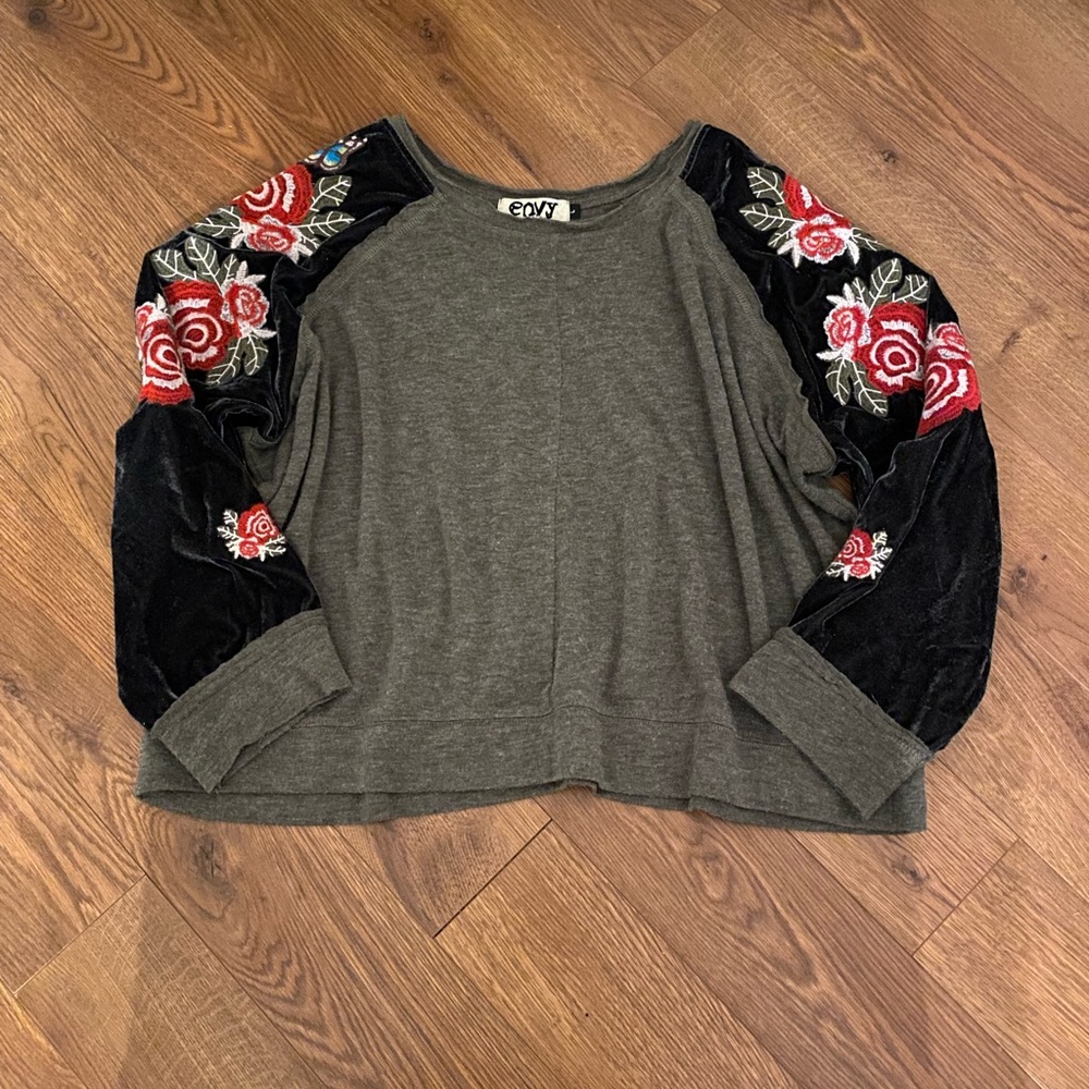 envy Embroidered Pullover Top with Velvet Floral Sleeves